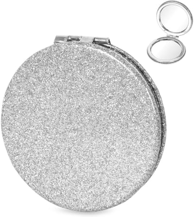 QTTVBTNA - 1 Stuk Glitter Opvouwbare Portemonneespiegel - 2-in-1 Vergrotende Schminkspiegel (1X/2X) - Klein & Compact voor in Jouw Tas - Stijlvol Cadeau voor Vrouwen & Meisjes - Zilveren