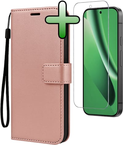 Hoesje Met Screenprotector - Geschikt voor Google Pixel 10a - Luxe Pasjeshouder - Bookcase Portemonee - Flip Case - Kunstleer Book Case - Flipcase - Book Cover - Walletcase - Portemonneehoes - Rosé goud