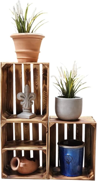 Set van 3 Houten Kisten - Gevlamd of Naturel - Stapelbaar voor Opslag & Decoratie