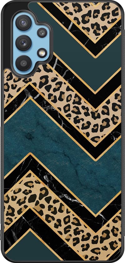 Leuke Telefoonhoesjes - Hoesje geschikt voor Samsung Galaxy A32 5G - Luipaard zigzag - Backcover zwart - Luipaardprint - Bruin, Blauw