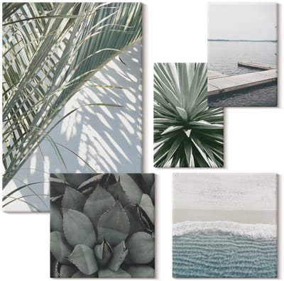 Wallfluent Set van canvas schilderijen - Tropische plantenmotieven met uitzicht op zee Canvas Schilderijen Set - Set van 5 Canvas Schilderijen - Groente Set van Canvas Prints - Natuur Canvas Kunst Set - Boheemse Canvas Kunst Set