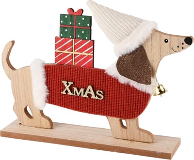 Dekoratief | Hond op voet 'X-mas', rood/naturel, hout, 28x6x23cm | A245598