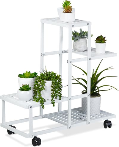 Famanu – Plantenrek met 4 planken, verrijdbare plantenetagère voor bloemen en kruiden, metalen bloemenrek, wit, ideaal voor binnengebruik