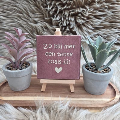 Robuust wenstegeltje – Zo Blij met een Tante zoals Jij – 10x10 cm – Cadeau voor Tante – Trendy nu – Zomaar – Zwangerschap aankondiging – Decoratief Tegeltje met Standaard – Cadeau Idee