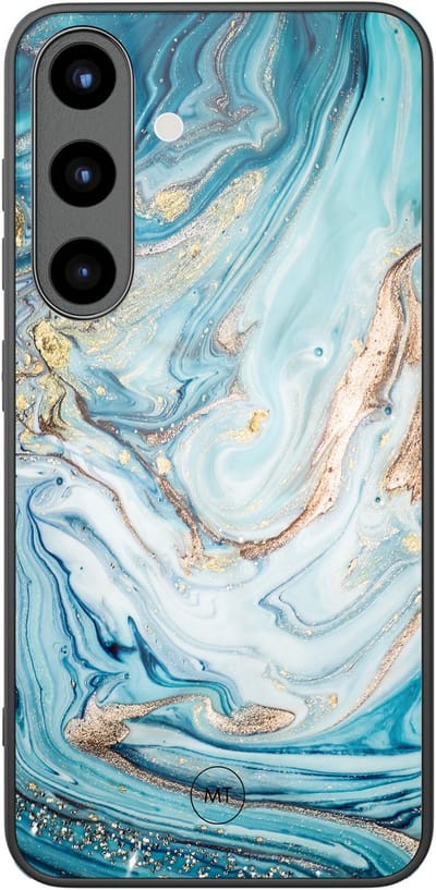 Hoesje geschikt voor Samsung Galaxy S25 - Marmer blauw goud - Hard Case Zwart Back Cover - Marmer - Blauw, Goud - Mooie Telefoonhoesjes
