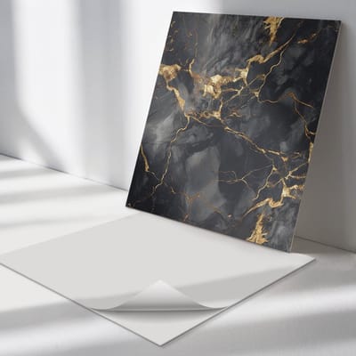 Wallfluent Vinyl Tegels - Elegant Marmerpatroon Zelfklevende PVC Tegels - 30 cm x 30 cm - Zwart Vinyl Tegels - 9 stuks - Vierkant PVC Tegels - Texturen Plaktegels - Vinyl Vloer Tegels - Plaktegels Keuken en Badkamer