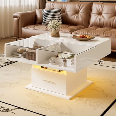 Wishdor Salontafel met Lift Top - Smart Bluetooth App LED - Glazen Paneel en Lade - Hoogglans Wit - 78x78 cm