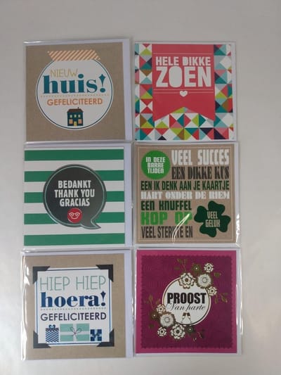 Luxe wenskaarten - 6 stuks - Assorti - 10.8 x 10,8 cm - inclusief envelop - Gefeliciteerd - Bedankt  -Succes - Nieuwe woning- Barre tijden-Dikke zoen - Proost