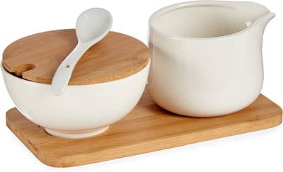 Vessia Suiker en melk serveren setje - keramiek met bamboe hout - 19 cm