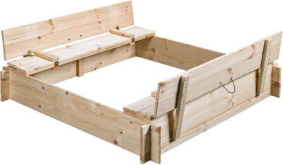 SwingKing Houten Zandbak Gucio (onbehandeld) | Met 2 bankjes en deksel | 120x120x20cm