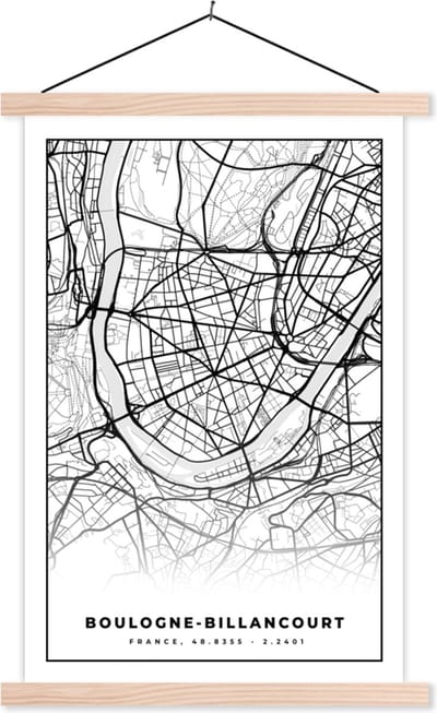Posterhanger incl. Poster 40x60 cm - Schoolplaat - Kaart - Plattegrond - Boulogne-Billancourt - Frankrijk - Stadskaart - Zwart wit - Textielposter - Blanke latten - Stadskaart