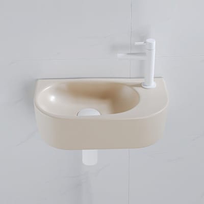 Fugaflow Efficiente Pietra Fonteinset - 40x21.5x12cm - rechts - glad - halfrond - 1 kraangat - keramiek - fonteinkraan wit mat - afvoerplug - verlaagd sifon - beige