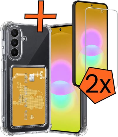Hoes - Geschikt voor Samsung Galaxy A27 - Met 2x Screenprotector - Pashouder - Kaarthouder - Telefoon Hoesje Shockproof - Siliconen Case - Back Cover - Shock Proof - Pasjes Houder - Transparant