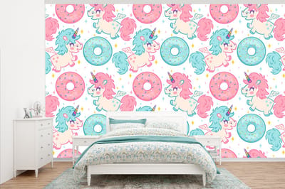 Behang - Fotobehang Eenhoorn - Donut - Baby - Breedte 345 cm x hoogte 220 cm
