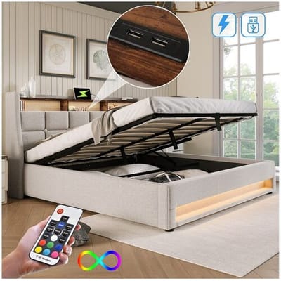 Merax Opbergbed 140 x 200 cm met opberghoofdeinde - USB-aansluiting en LED's - Linnenstof - Beige - Zonder matras