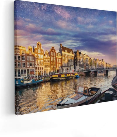 Artaza Canvas Schilderij Amsterdam - 100x80 cm - Groot - Wanddecoratie Grachten - Muurdecoratie Skyline - Schilderijen Op Canvas