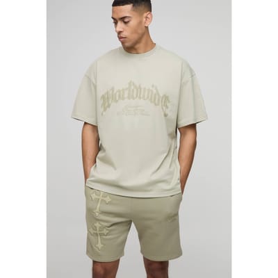 Oversized Cross Applique T-Shirt & Short Set | Sage | Size XS