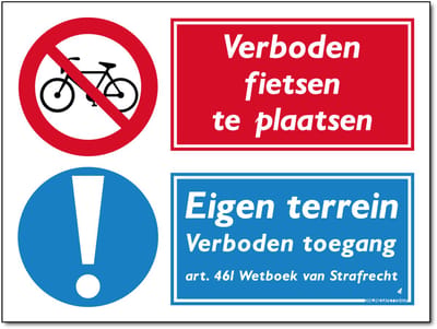 Fietsen plaatsen bord - Verboden / Eigen terrein combinatie - Forex - 30 x 40 cm - Weerbestendig