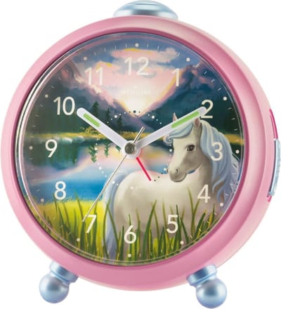 ATRIUM - Wekker - Kinderen - Meisjes - Analoog - Paard - Roze - Zonder tikgeluid - Snooze - Licht/ wijzerplaatverlichting - Glow in the dark wijzers - Grote knoppen - Wekkers Slaapkamer - A932-17