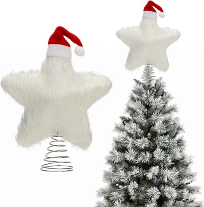 Pluizige Kerstboomslinger Ster 19 cm - Kerstboomster met Mini Kerstmuts - Kerstboomdecoratie - Kerstornamenten - Kerstboomversiering