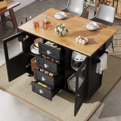 MIVRAY Keukeneiland - Uitschuifbare Keukenkast Met Wielen En Opklapblad - Voor Keuken En Eethoek - Zwart MDF En Metaal