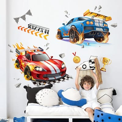 Grote 3D Muurstickers Racing Auto's voor Jongenskamer - Verwijderbare Vinyl Wanddecoratie voor Speelkamer en Kinderen met Voertuigen en Trofeeën