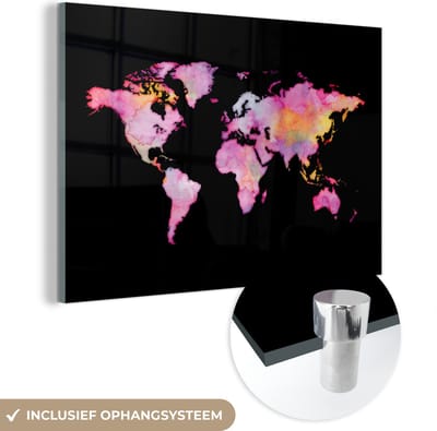® Glasschilderij 120x80 cm - Schilderij acrylglas - Wereldkaart - Waterverf - Roze - Foto op glas - Muurdecoratie woonkamer - Wanddecoratie slaapkamer - Schilderijen
