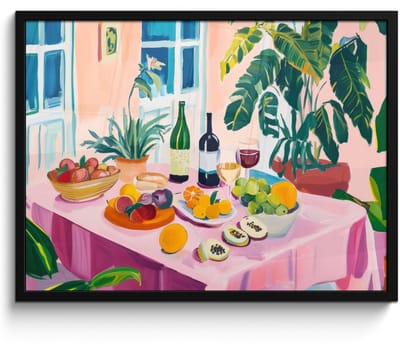 Poster in lijst - Fotolijst 80x60 cm - Posters - Tafel - Wijn - Fruit - Posterlijst zwart - Decoratie - Wanddecoratie woonkamer - Muurdecoratie slaapkamer