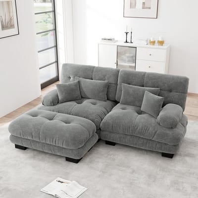 Pugsdrly Cloud hoekbank voor de woonkamer, tweezitsbank in chenille met 2 lendenkussens en 2 sierkussens, gestoffeerde bank met brede armleuningen en poef, grijs chenille