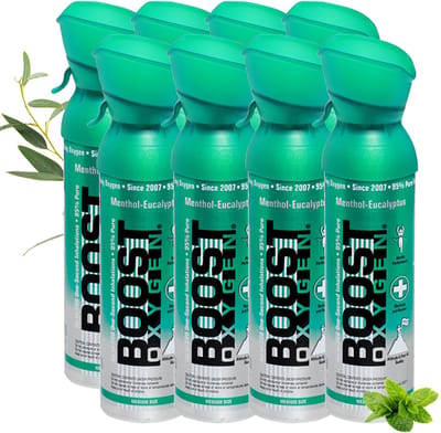 Boost Oxygen - Medium - Menthol-Eucalyptus - 95% Pure Zuurstof - Tot wel 800 inhalaties van 1 sec - Ademhalingsondersteuning voor sport herstel, hoogte, prestaties en gezondheid - Zuurstoffles - 8x 5L (8 pak, 40L totaal)