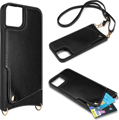 Casemania Hoesje Geschikt voor Apple iPhone 15 - Back Cover met Draagkoord - Pasjeshouder Hoes met Bandje - Crossbody Telefoonhoesje - Lanyard Case - Zwart