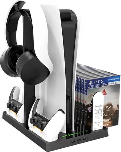 Multifunctioneel Opbergstation Standaard met Actieve Koeling Ventilatie geschikt voor Playstation 5 | Opbergsysteem Coolingstation met oplader voor PS5 DualSense Controllers Joystick | CD games en Koptelefoon opbergen | Ventilator afkoel - HBP-271