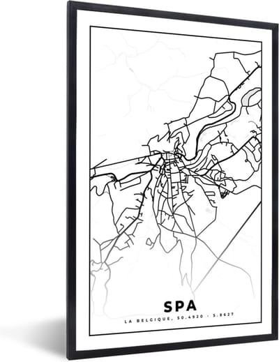 Fotolijst incl. Poster Zwart Wit- België – Spa – Stadskaart – Kaart – Zwart Wit – Plattegrond - 40x60 cm - Posterlijst