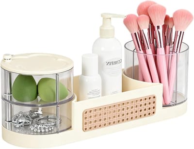 Multifunctionele Make-up Organizer met 360° Rotatie voor Borstels, Lipsticks en Oogschaduw, Ideaal voor Badkamer en Slaapkamer Decoratie, Beige Kleur