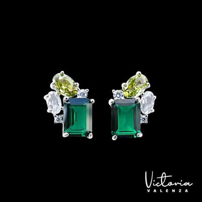 Victoria Valenza 925 Sterling Zilveren Oorbellen met Groene en Witte Zirkonia Stenen - Oorknoppen - 925 sterling zilver - Zilverkleurig - Zirkonia