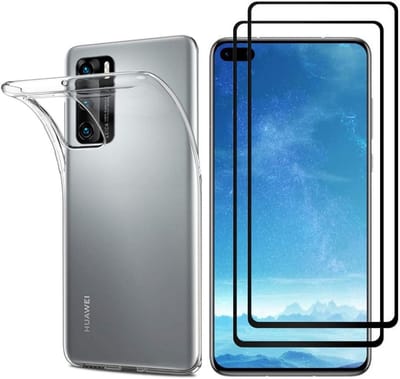 Hoesje Ultraslank geschikt voor Huawei p40 backcover siliconen Transparant en 2 stuks ScreenProtector Gehard Glas met zwarte randen