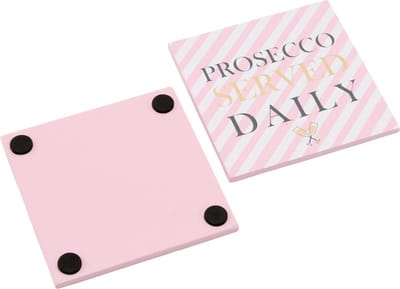 CGB GIFTWARE POP, FIZZ, CLINK Pink & Gold Prosecco Set of 4 Wooden Drinks Coaster | 4 Separate Designs and Novelty | for Your Mugs and Glasses | Novelty Coasters 10x10cm I put the PRO in Prosecco