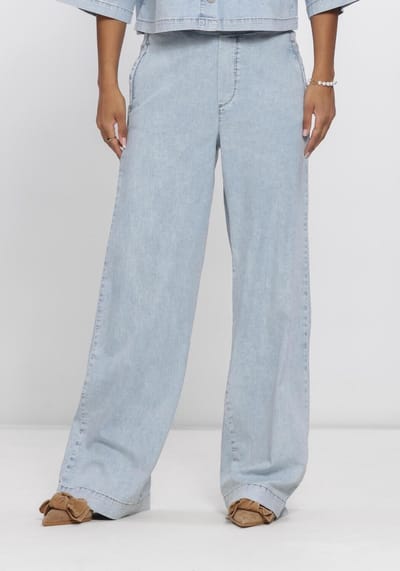 Jansen Amsterdam Saar Broek Llbd 429 Light Demin Long Wide Elastic Waist At Back Jeans Dames - Broek - Lichtblauw - Maat 36