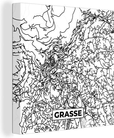 Canvas Schilderij Grasse - Plattegrond - Kaart - Frankrijk - Stadskaart - Zwart wit - 20x20 cm - Wanddecoratie