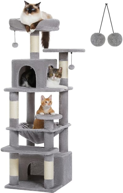 Venzor - Krabpaal 136 cm – Grijs – Grote Katten Toren met Sisal Krabpalen, Hangmat, Speelhuisje & Ligplateaus – Voor Binnenkatten