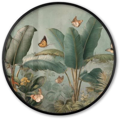 Poster in lijst Rond - Fotolijst 60x60 cm - Posters - Tropisch bladerdek - Vlinders - groen - Bruin - Ronde posterlijst zwart - Decoratie - Wanddecoratie woonkamer - Muurdecoratie slaapkamer