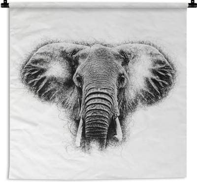 Wandkleed - Olifant - Dieren - Zwart - Wit - 120x120 cm - Wandtapijt