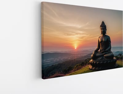 Saammp Canvas Schilderij - Boeddha bij mooie Zonsondergang - Landschap - 45x30 - Foto op canvas - Wanddecoratie - Muurdecoratie Woonkamer - Canvas schilderijen