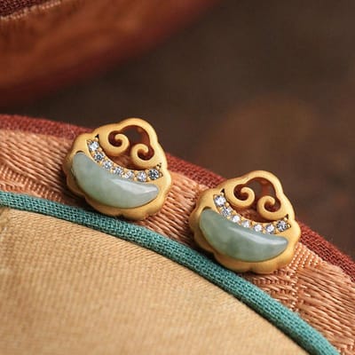 Oude gouden ambacht Natuurlijke Chalcedoon Groene Ruyi oorbellen voor vrouwen Oorknopjes Premium vintage sieraden voor dagelijks gebruik brown