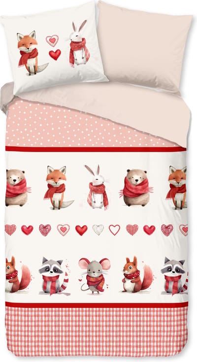 Good Morning dekbedovertrek dieren met sjaal - 1 persoons 140x200/220 cm - Rood - 100% Katoen flanel