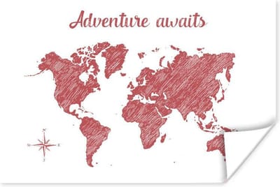 Poster 30x20 cm - Wereldkaart - Rood - Quote - Posters - Kamer decoratie - Wanddecoratie woonkamer - Muurdecoratie slaapkamer