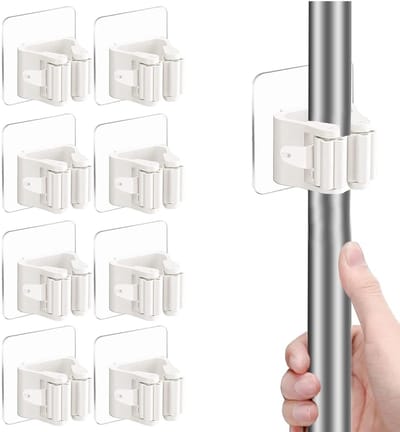 Allecto - Zelfklevende Mop Houder - Wandmontage Organizer - Geen Boren - Ideaal voor Badkamer - Keuken - Garage - 8-delig - Ruimtebesparend - Multi...