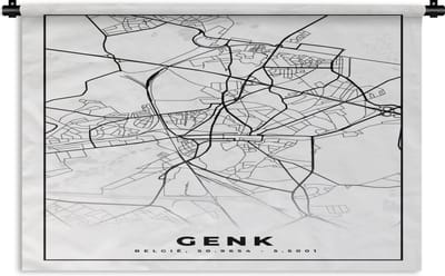 Wandkleed - Wanddoek - Stadskaart – Plattegrond – België – Zwart Wit – Genk – Kaart - 180x120 cm - Wandtapijt