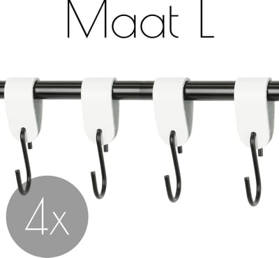 4x Leren S-haak hangers - Handles and more® | WIT - maat L (Leren S-haken - S haken - handdoekkaakje - kapstokhaak - ophanghaken)