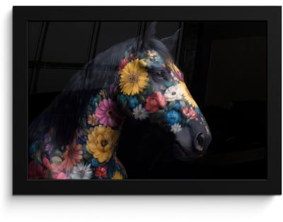 Poster in lijst - Fotolijst 30x20 cm - Posters - Paard - Bloemen - Zwart - Posterlijst zwart - Decoratie - Wanddecoratie woonkamer - Muurdecoratie slaapkamer